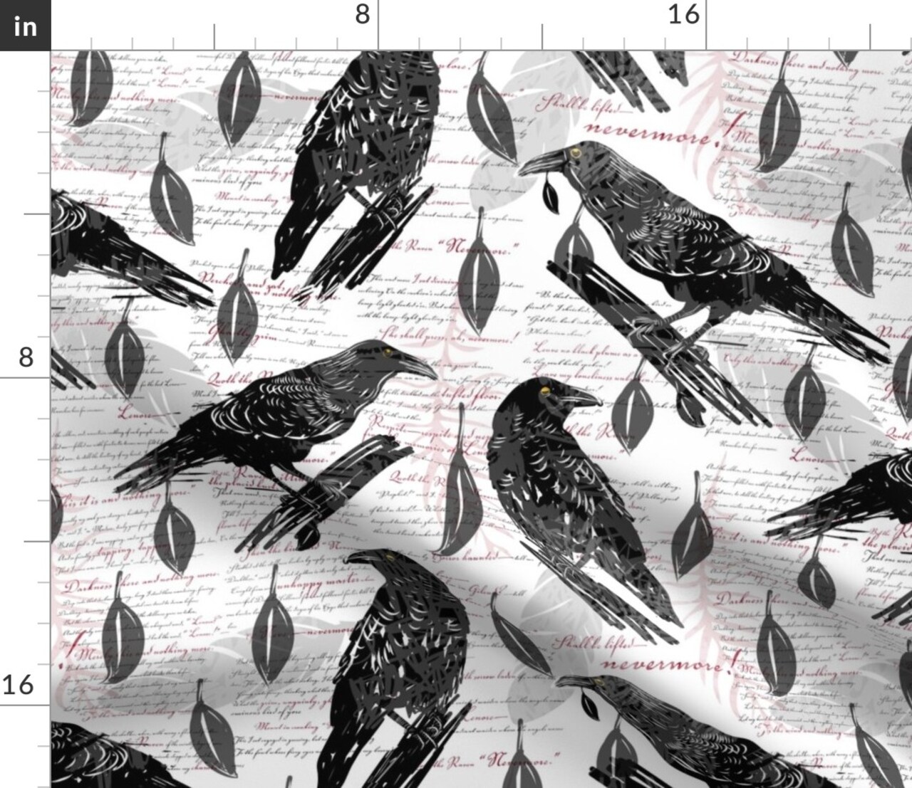 Dark Academia Literature Raven Bird Halloween Poem Edgar Allen Poe Birds Academia Moody Poe 19Th Century Black And White Custom Printed Fabric by Spoonflower Various Fabrics by the Yard or Fat Quarter